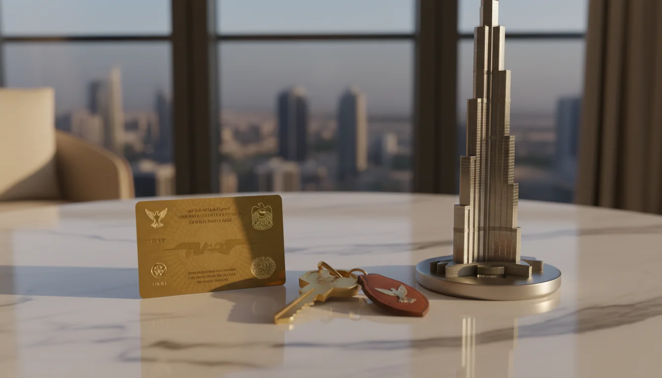 A luxury Dubai villa with a Golden Visa stamp on a UAE passport in the foreground