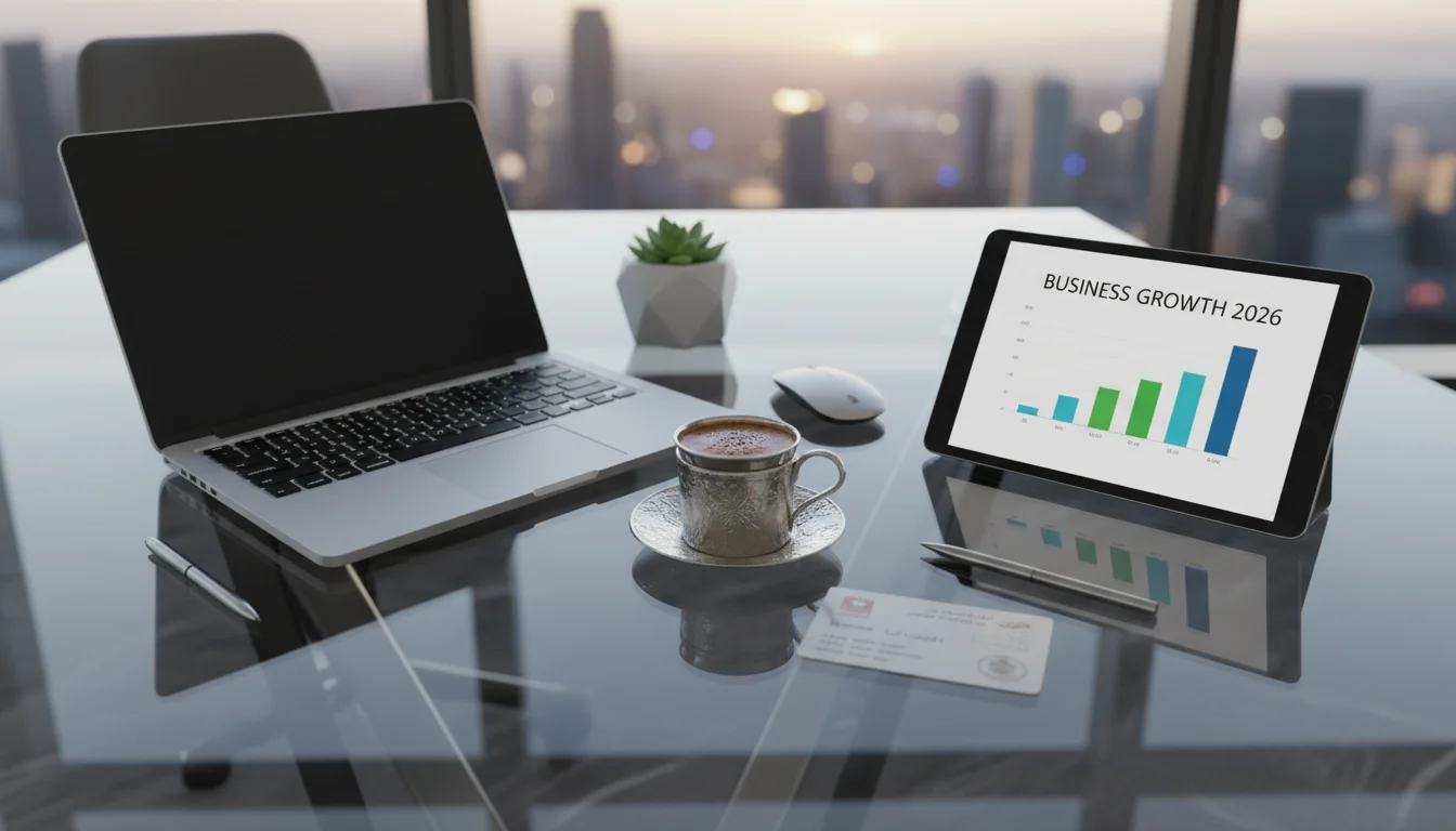 Top-down view of a modern workstation on a glass desk featuring an open laptop, a steaming cup of coffee, and a tablet displaying a "Business Growth 2026" chart.