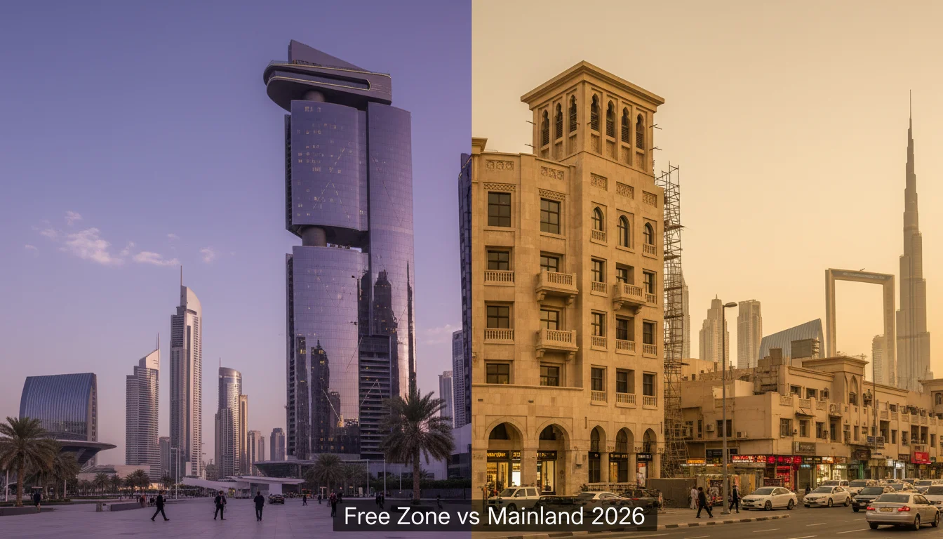 A split-screen graphic titled "FREE ZONE vs MAINLAND 2026," featuring a modern purple-tinted skyscraper and the Burj Khalifa on the left and a traditional gold-tinted building on the right.